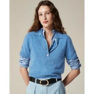 J.Crew Brushed Cashmere Short-Sleeve Sweater-Polo WMNS XS Heather Twilight Fuzzy